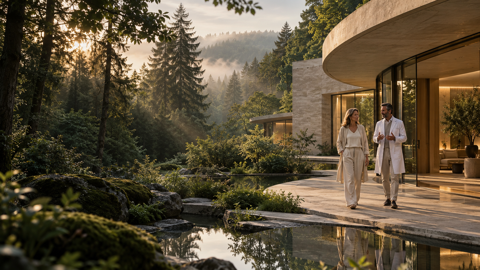 An atmospheric Shiloh visualisation of a quiet, nature-led retreat setting
