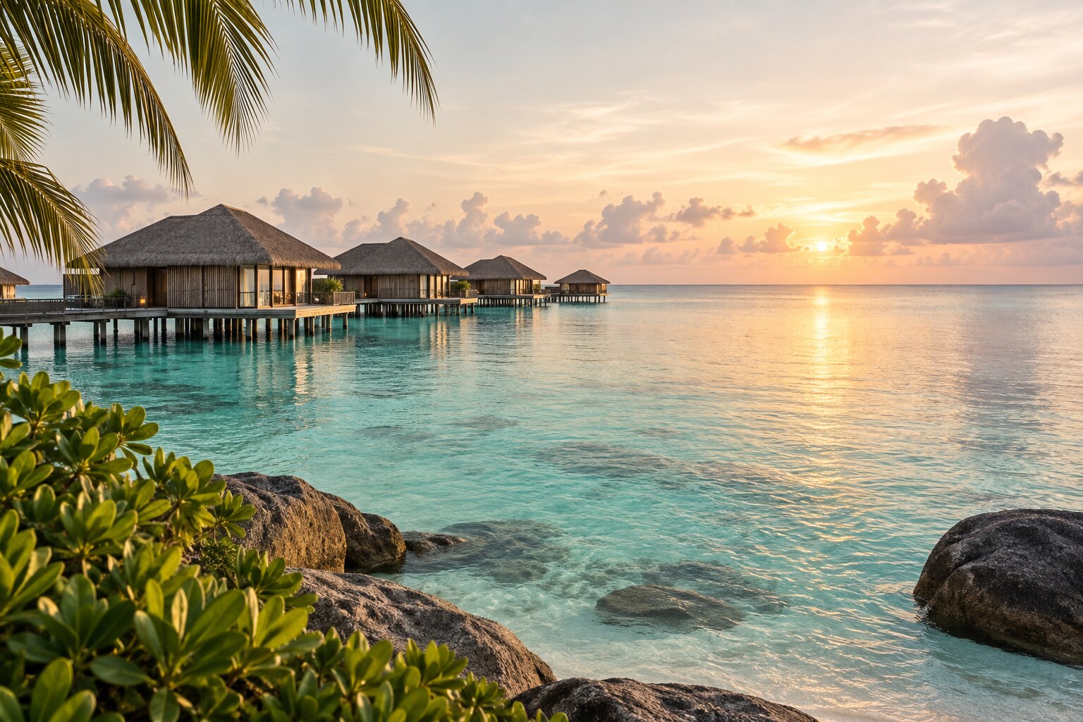 Illustrative overwater retreat in the Maldives at sunrise